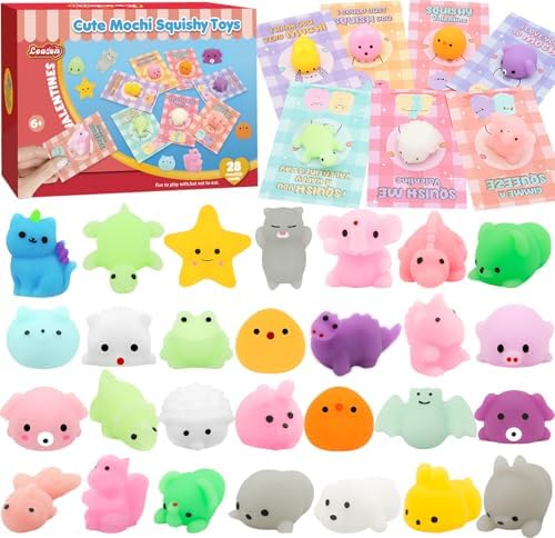 28 Pack Valentines Day Gifts for Kids, Kawaii Mochi Squishies Party Favor Set with Valentines Animal Greeting Cards for Kids, Valentine's Day Classroom Exchange Gifts Set, School Prizes Party Favor