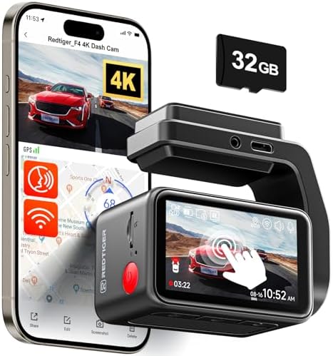 REDTIGER F4 4K Dash Cam Front, 2.2 inch Mini Car Camera, 2160P UHD Touch Screen, Voice Control, Included 32GB Card, Night Vision, Built-in GPS, WiFi APP Control, Loop Recording, 24H Parking Monitor