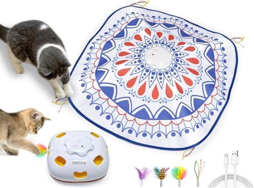 ORSDA Cat Toys, 4 in 1 Interactive Cat Toys for Indoor Cats, Automatic Cat Toy Electric Kitten Toys for Enrichment Hide and Seek, Chase The Feather, 8 Holes Mice Whack-A-Mole, Catch Magic Wand