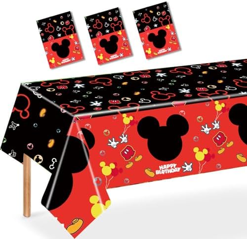 3PCS Cartoon Mouse Tablecloth, Black Red Plastic Tablecover Disposable Table Cloths Decor for Boys 1st 2nd 3rd Party Decorations Supplies, 86.6 x 51.2in