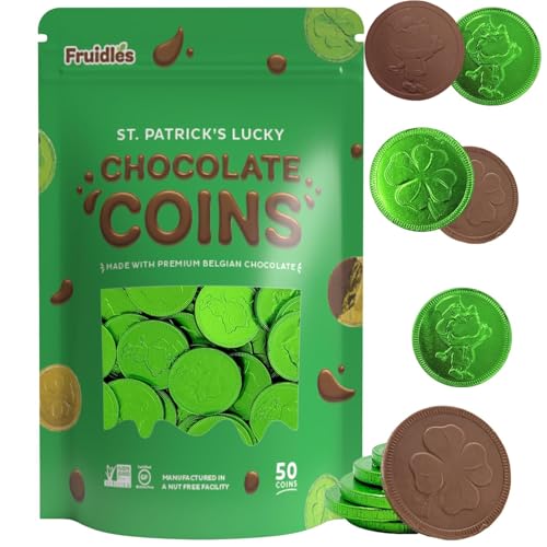 Saint Patrick's Day 50 Clover Shamrock Leprechaun Chocolate Green Coins, Premium Belgian Nut-Free Milk Chocolate, Kosher, (50 Pack)
