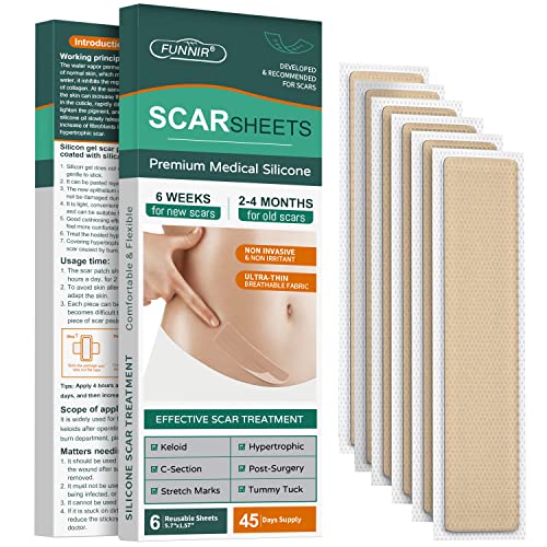 Silicone Scar Sheets,Tape, Strips - Healing Keloid, C-Section and Tummy Tuck - As Surgical Cream, Gel, Patch, Bandage, Pad - Surgery Scars Treatment - 6 Pack