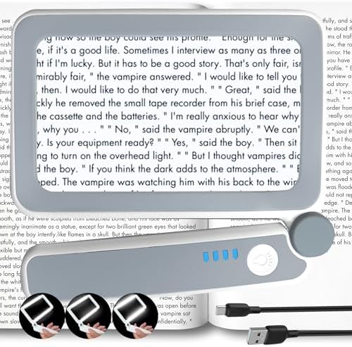 MAGNIPROS Rechargeable 4X Magnifying Glass with Light for Reading, Large Foldable LED Page Magnifier, Dimmable Handheld Rectangle Magnifier for Seniors, Small Print, Low Vision Books