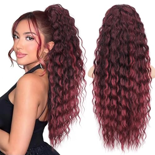 Isaic Ponytail Extensions 26inch Drawstring Ponytail Extensions for Women Long Curly Ombre Burgundy Ponytail Synthetic Hair Extensions for Daily Use