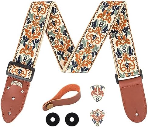 Guitar Strap, Jacquard Embroidered Cotton Guitar Straps, Includes Strap Button & 2 Unique Picks & 2 Strap Locks. For Bass, Electric & Acoustic Guitars. Best Gift for Men & Women Guitarists