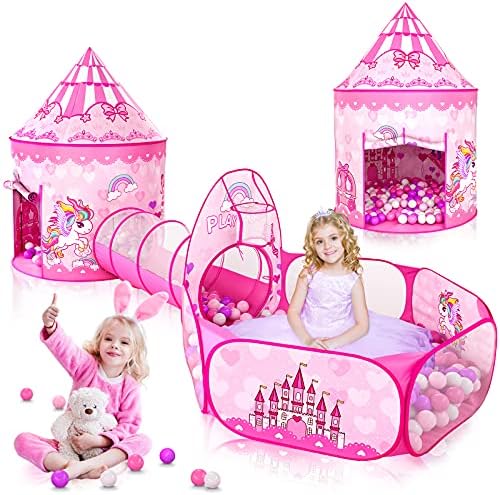 3PC Princess Tent for Girls with Kids Ball Pit and Crawl Tunnel for Toddlers, Pink Pop Up Playhouse Toys Indoor& Outdoor for Birthday Gifts