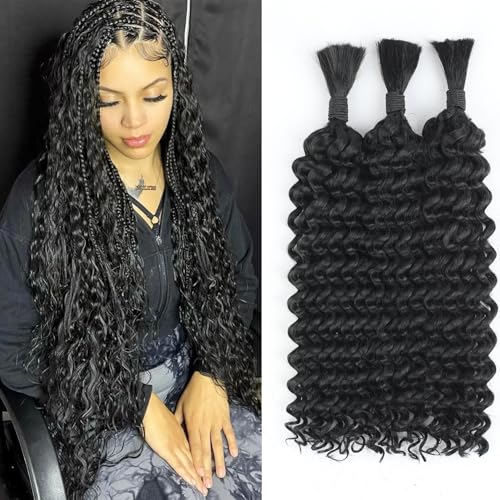 Human Braiding Hair for Boho Braids Synthetic Human Hair Mixed 150g 3 Bundles Deep Wave Bulk Human Hair for Braiding No Weft Curly Braiding Hair Bulk Hair Extensions Natural Color(24Inch)