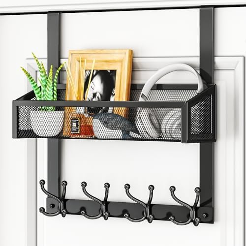 HapiRm Over The Door Hooks - Easy Installation Door Hanger with Basket and 16 Hooks, 304 Stainless Steel Over The Door Storage for Towels, Coats, Bathroom, Kitchen, Dorm-Black