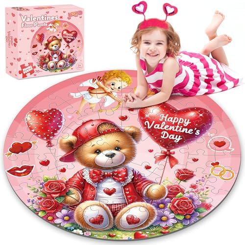 Valentines Floor Puzzles for Kids Age 4-8, Valentiens Day Gifts for Kids Classroom Exchange Gifts Love Bear and Balloons Large Jigsaw Puzzles Educational Learning Toys
