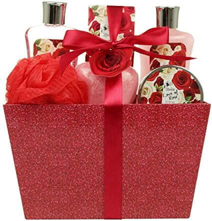Valentines Day Gifts for Her Bath and Body Spa Gift Baskets for Women, Spa Kit Birthday Includes Love of Rose Scent Shower Gel, Bubble Bath, Body Lotion, Bath Salt,Red Bath Puff and Heart Bath Bomb