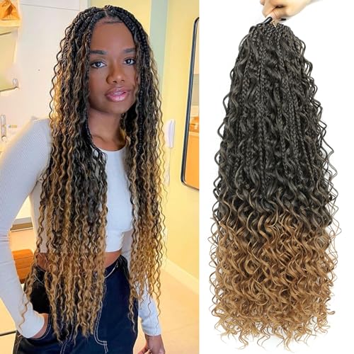 LIYATE 7 Packs Crochet Box Braids 24 Inch Boho Crochet Hair for Black Women Bohomian Crochet Braids Synthetic Pre Looped Goddess Box Braids Crochet Braiding Hair with Curly Ends, 1B/27