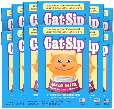 PetAg Cat-Sip Real Milk Treat - 8 oz, 12 Pack - Ready-to-Feed Snack for Cats & Kittens - Easy to Digest with 99% Lactose-Free, Low-Fat Grade A Milk - Encourages Hydration - Promotes Eye, Heart Health