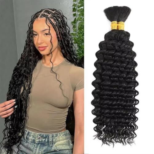 Human Braiding Hair for Boho Braids 18 Inch 100g/pack 2 Bundles Deep Wave Bulk Bundles 100% Unprocessed Curly Micro Human Hair Braiding Hair Extensions Wet and Wave Natural Color for Women