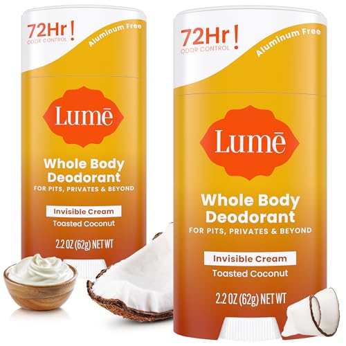 Lume Whole Body Deodorant - Invisible Cream Stick - 72 Hour Odor Control - Aluminum Free, Baking Soda Free, Skin Safe - 2.2 Ounce (Pack of 2) (Toasted Coconut)