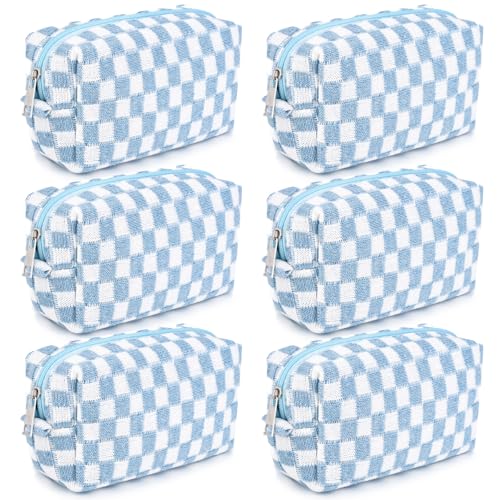 SOIDRAM Checkered Makeup Bag Preppy Cosmetic Bag Bulk Blue Makeup Pouch Personalize Travel Toiletry Bag Organizer Cute DIY Makeup Brushes Storage Bag for Women