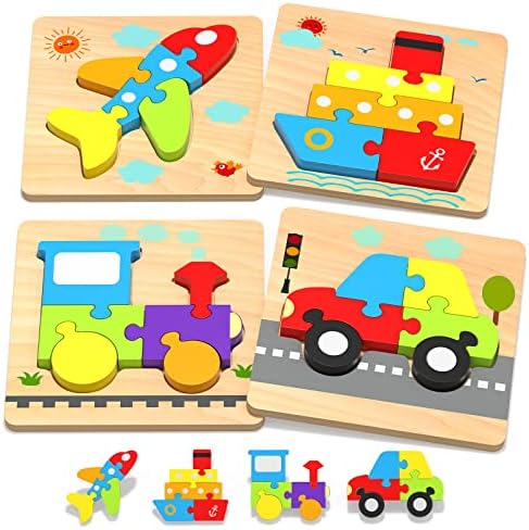 Yetonamr Wooden Toddler Puzzles Gifts Toys for 1 2 3 Years Old Boys Girls, 4 Vehicle Shape Montessori Toys Educational Blocks Kids Toys Gift Baby Learning Toy Age 1-3, 2-4