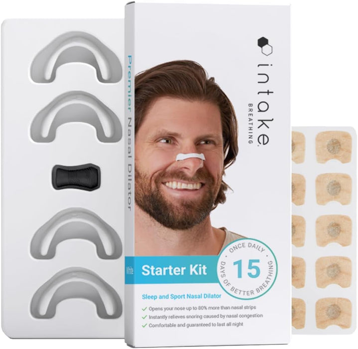 Intake Breathing Nasal Strip Starter Kit (15 Count, White) - Boost Oxygen Intake, Reduce Snoring, Improve Sleep Quality - Sweat Resistant, Skin Safe Nasal Strips - Extra Strength Snoring Solution