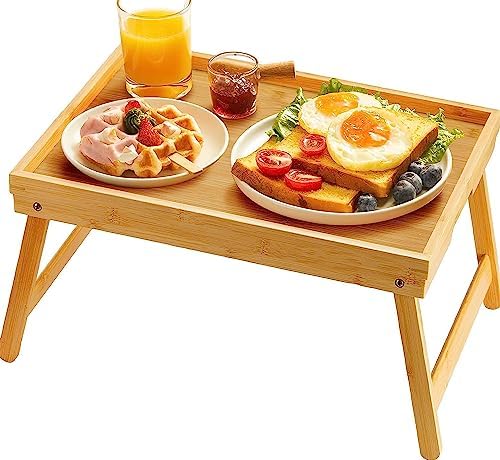 Pipishell Bamboo Bed Breakfast Tray, Bed Trays for Eating with Folding Legs, Food Snack Tray, Used As Lap Tray for Bed, Sofa, Outdoor, Working, Eating, Drawing