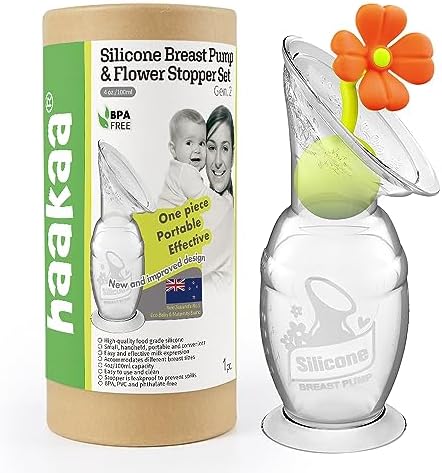 haakaa Manual Breast Pump Hand Pump Milk Pump Breast Milk Collector with Suction Base and Flower Stopper 100% Food Grade Silicone BPA Free (4oz/100ml) (Orange)