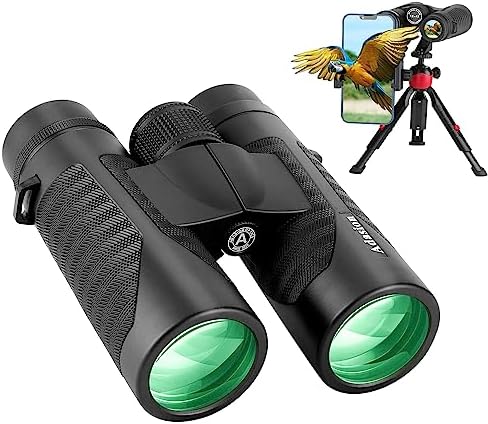 Adasion Adult Binoculars, 12 x 42, with Mobile Phone Adapter, 18 mm Large Viewing Lens and Super Bright, Waterproof Binoculars for Bird Watching, Hunting, Sports, with Tripod and Smartphone Adapter
