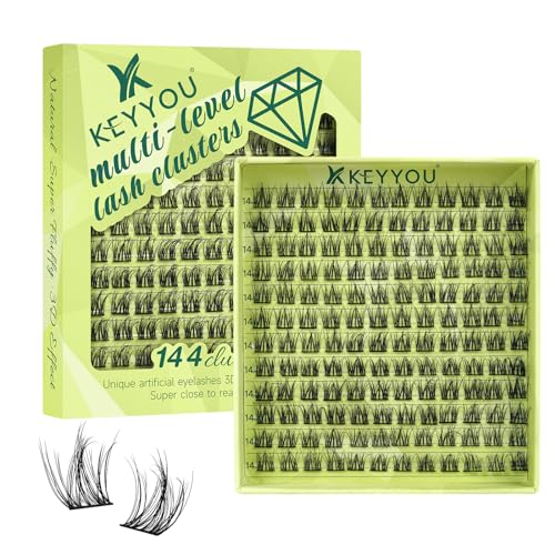 Lash Clusters 3D Effect Eyelash Clusters KEYYOU 144pcs D Curl 16mm Wispy Lashes Fluffy Cluster Lashes Natural Soft DIY Lash Extension(Aura-D-16)