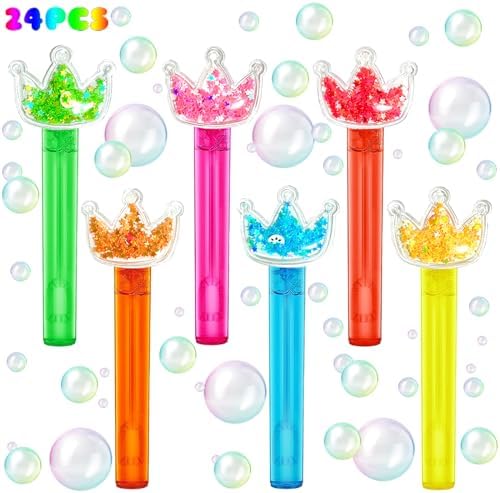 Princess Party Favors,24Pcs Glitter Crown Bubble Wands for Kids,Bling Crown Bubble Wand for Princess Birthday Party Supplies,Classroom Prizes Pinata Goodie Bag Stuffers Gift