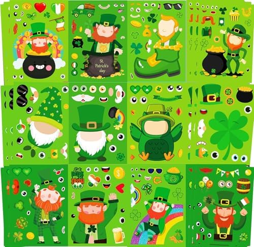 36 Sheets St Patricks Day Stickers, Saint Patricks Make A Face Stickers, Make Your Own St Patricks Day Decorations Accessories for Kids Adults Irish Party Favor Supplies