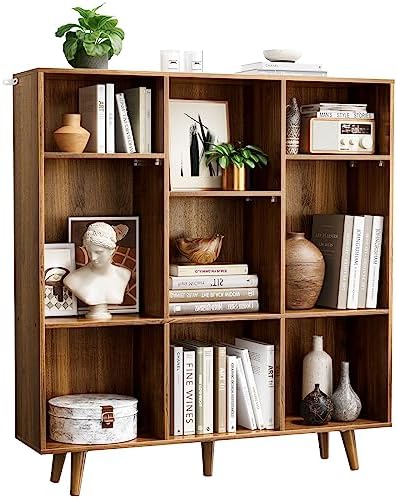 Pipishell 9-Cube Bookshelf, Bookcase with 3 Height-Adjustable Shelves and Solid Legs, Cube Storage Shelf, Modern Freestanding Open Bookshelf for Living Room, Bedroom (Walnut)