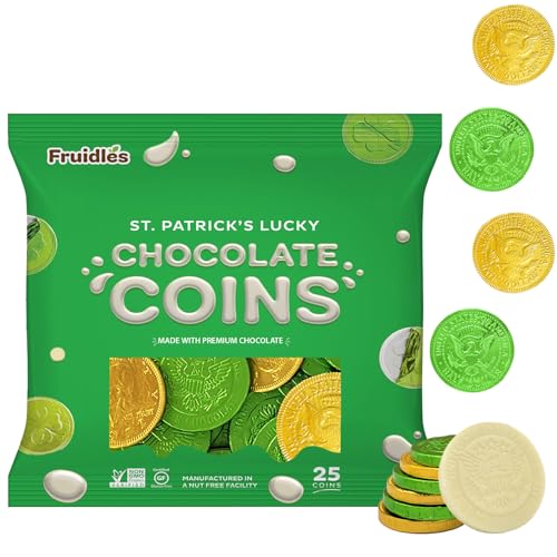 St. Patrick's Day White, Green and Gold Coins, Belgian Nut-Free Milk Chocolate, Kosher Certified Dairy (25 Coins)