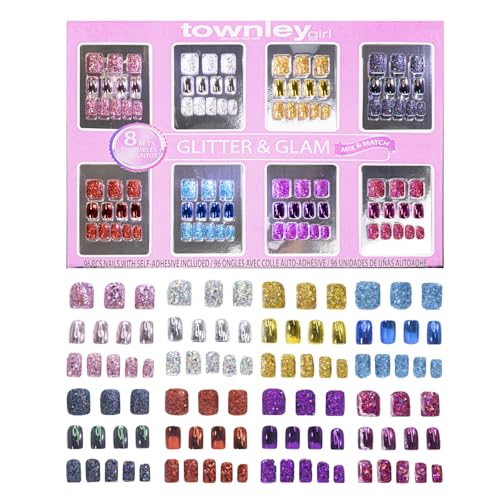 Townley Girl 96 Pcs Glitter-Glamup & Metallic Press-On Nails Artificial Fake False Nails Set for Tweens with Pre-Glue Full Cover Acrylic Nail Tip Kit, Great for Gifts, Parties, Sleepovers & Makeovers