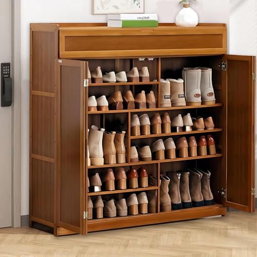 8-Tier Bamboo Shoe Cabinet with Doors, 36-40 Pairs Freestanding Shoe Rack for Closet, Shoe Storage Cabinet for Entryway, Shoes Rack Organizer for Hallway, Bedroom, Living Room