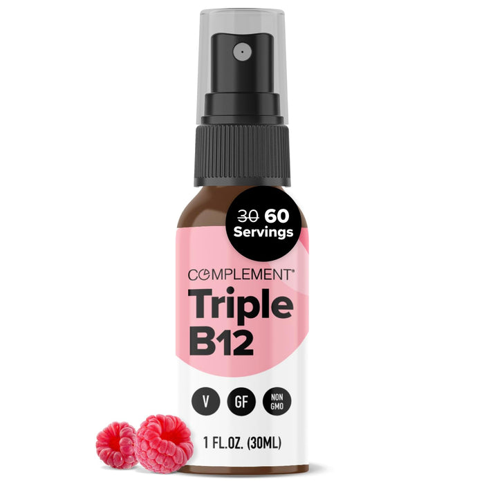 Complement Vegan Vitamin Triple B12 Liquid Spray- 1500 mcg Blend (60 Servings) Raspberry Flavor- Enhanced Absorption, Energy, Mood, Nervous System, Cognitive Function for Kids & Adults