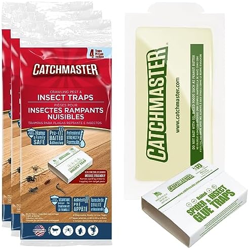 Catchmaster Crawling Pest & Insect Glue Traps 12-Count (3 Packs of 4), Insect Traps Indoor for Home, Pest Control Tray for Spiders, Crickets & Roaches