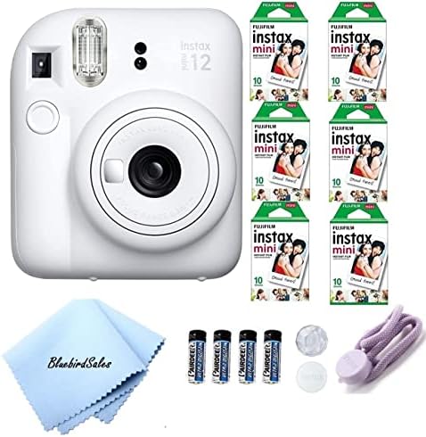 Fujifilm Mini 12 Instant Camera Starter Bundle: Includes Mini Film Value Pack (60 Sheets) + 4 Pack AA Batteries + Lens Cleaning Cloth (Clay White)