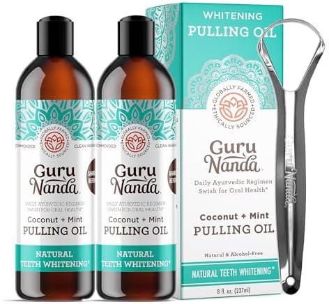 GuruNanda Whitening Pulling Oil with Coconut Oil & Peppermint Oil for Natural Teeth Whitening, Fresh Breath, Alcohol Free Mouthwash (8 Fl.Oz, 2 Pack)