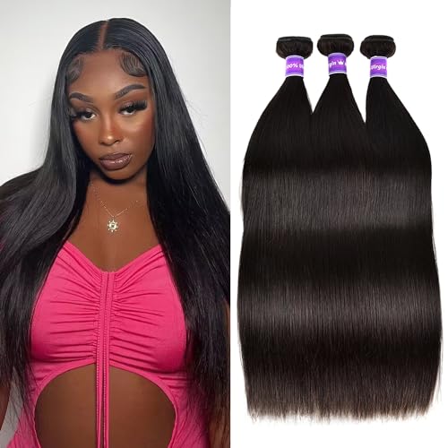 Brazilian Hair Straight Wave 3 Bundles Human Hair 10A Grade Unprocessed Virgin Remy Hair Bundles 24 26 28 Inch Silk Straight Hair Bundles Human Hair Weave Bundles Hair Extensions Double Weft