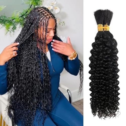 Curly Human Braiding Hair for Boho Braids Bohemian Water Wave Bulk 100% Human Hair for Micro Braiding Hair Wet and Wavy Boho Knotless Braids Hair No Weft 2 Bundles 100g Natural Color