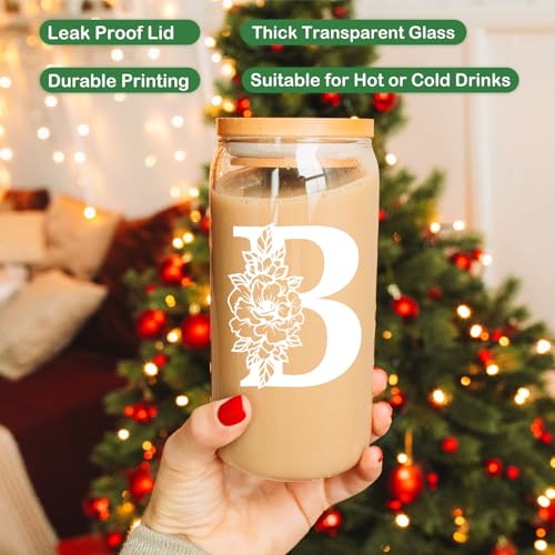 Coolife Initial Glass Cup, Monogrammed Gifts for Women, 16 oz Glass Cups w/Lids Straws, Iced Coffee, Smoothie, Beer Glass Tumbler w/Straw Lid - Personalized Christmas, Birthday Gifts for Her Mom