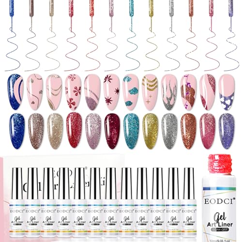 Nail Art Gel Liner Set, 12 Colors Platinum Pink Gold Green Glitter Fall Winter Gel Polish for Swirl French Tip Painting Designs Soak Off Built Thin Brush DIY Nail Design Kit