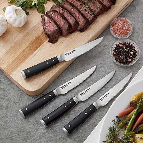 KitchenAid Gourmet 4 Piece Forged Triple Rivet Steak Knife Set, High Carbon Japanese Steel, Sharp Kitchen Knife Set, 4.5 inch, Black