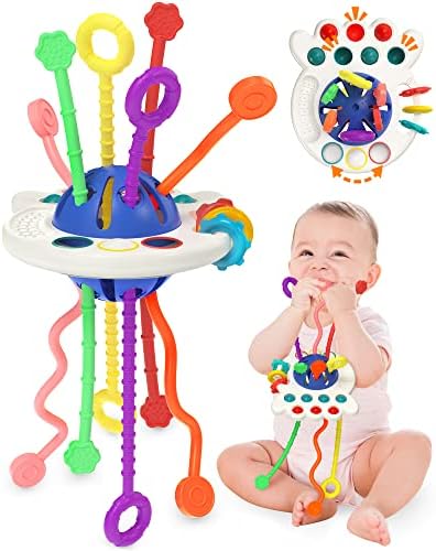 Yetonamr Baby Sensory Montessori Toys for 6-12-18 Months, Blue Pull String Teething Toy, Stocking Stuffers Birthday Gift Travel Toy for 1 2 Year Old Boy Girl Infant Toddlers 8 9 10 Months Old