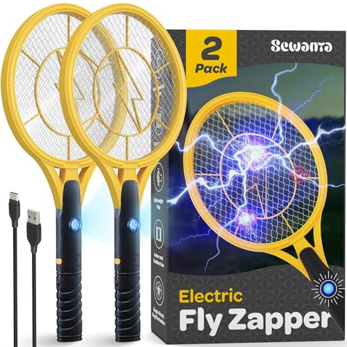 Electric Fly Swatter Handheld Bug Zapper Racket for Indoor/Outdoor - 4000 Volt Fly Swatter - Instant Bug & Mosquito killer with Attractant LED light - USB Rechargeable Portable Fly Zapper.