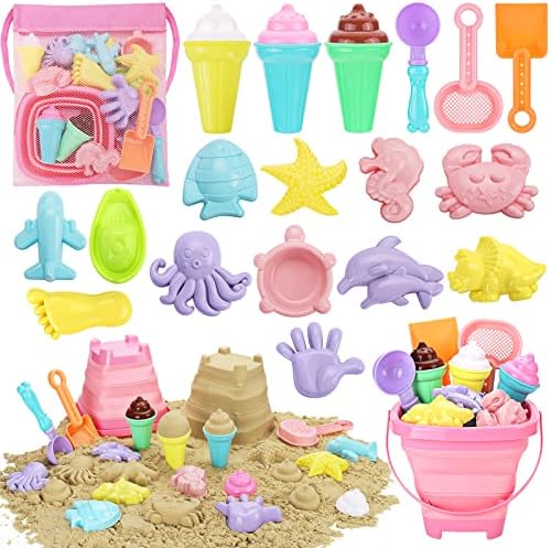 Beach Toys, Ice Cream Sand Toys for Toddlers, with Collapsible Bucket and Shovels for Kids with Bag, Travel Toys for Boys Baby Girls Age 3 4 5 6 7 8+