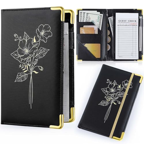 Server Books for Waitress, PU Leather Server Book with Zipper Pockets, Flower Pattern Waitress Book with Pen Holder Fit Server Apron Check Presenters for Restaurants