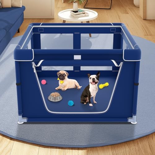 42x42x26 Inches Puppy Playpen with Gate, Dog Playpen for Small or Puppy Dog, Dog Fence Pet Playpen for Indoor & Outdoor, Sturdy Safety Dog Crate with Durable Mesh Windows, Blue