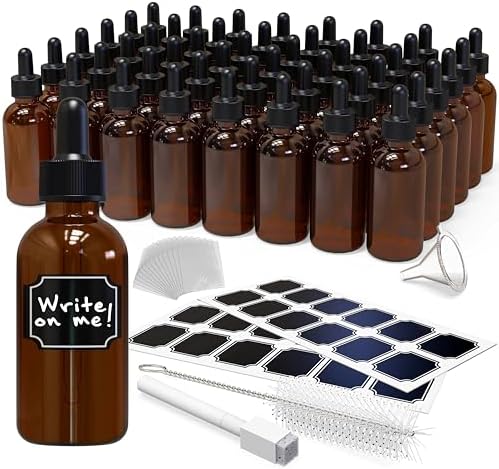 Nevlers 48PK Amber 2 oz Dropper Bottles Glass Set | Leakproof Amber Dropper Bottles Useable as Tincture Bottles with Dropper, Droppers for Oils, Medicine Dropper, Eye Dropper, & Gifts for Mom