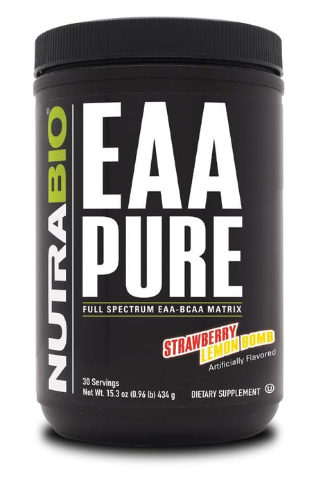 NutraBio – EAA Pure – 9 Amino Acids – Muscle Repair and Recovery, 30 Servings, Strawberry Lemon Bomb – Pre or Post Workout – All Day Recovery