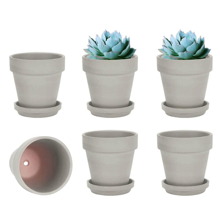 vensovo 4 Inch Small Grey Terracotta Plant Pots with Saucer - 6 Pack Clay Flowerpots with Drainage, Great for Indoor Outdoor Plants, Crafts, Wedding Favor