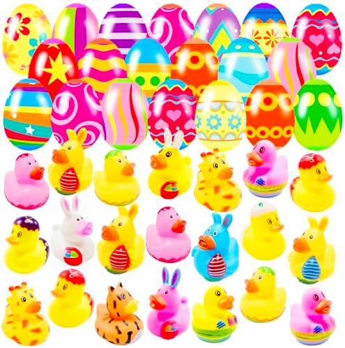 20 Pcs Prefilled Easter Eggs with Rubber Duckies Bright Colorful Easter Eggs Prefilled with Variety Bunny Duckies for Kids Easter Basket Stuffers and Party Favors