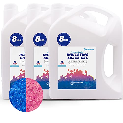 Wisesorb Premium 24 LBS Indicating Silica Gel Beads (Blue to Pink), Reusable Desiccant Dehumidifier Moisture Absorbers, 3 Pack of 8 LBS